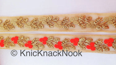Beige Net Lace Trim With Beautiful Red / Beige And Gold Floral Embroidery, Embroidered Lace, Approx. 30mm wide